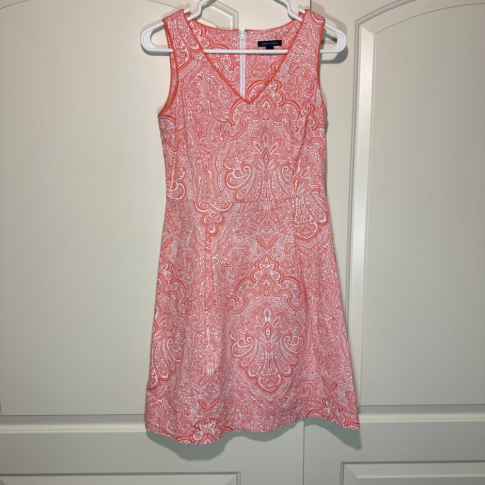 Tommy Hilfiger‎ Paisley Print Dress Sleeveless Coral White A Line Career Flare 2